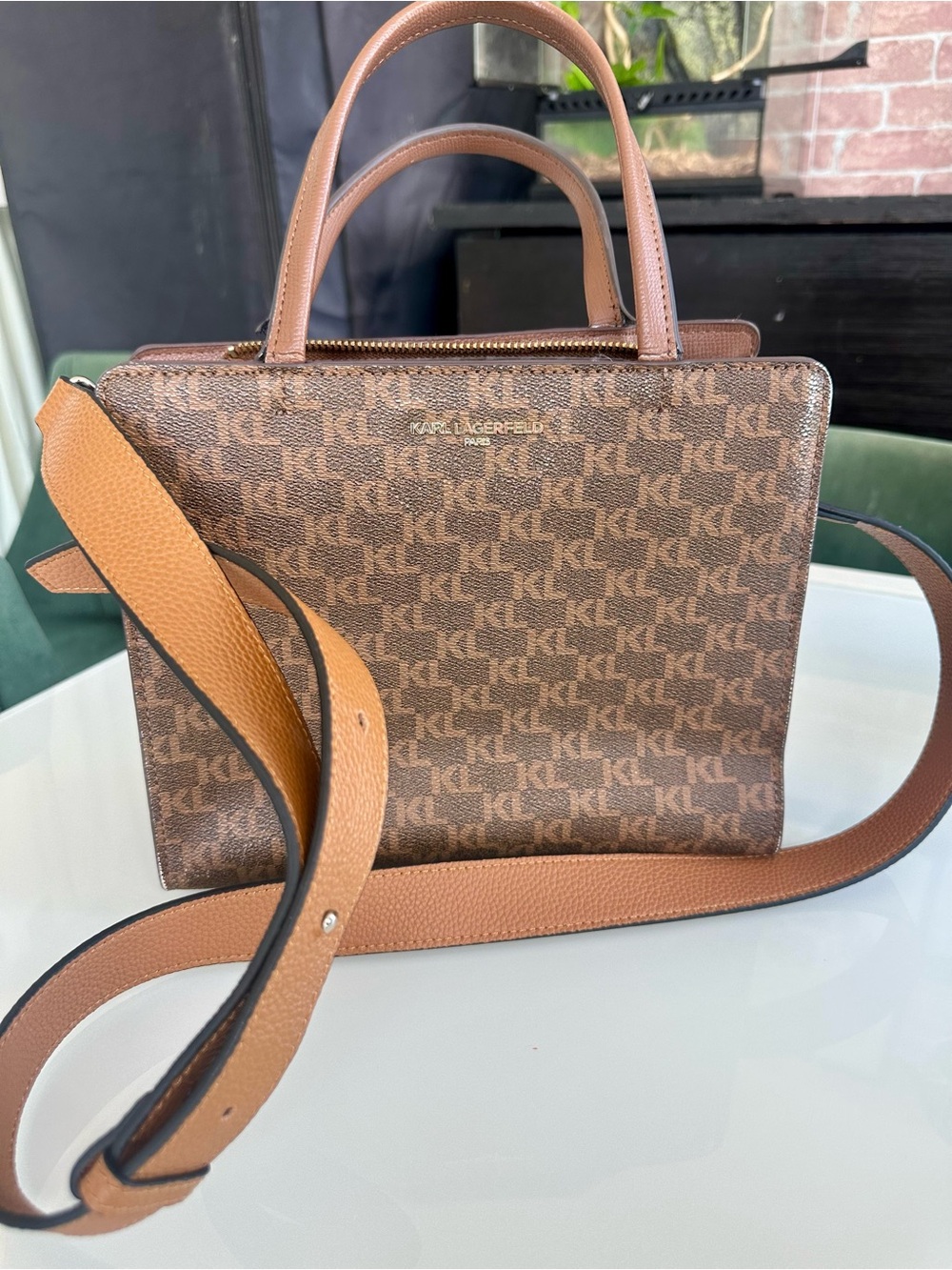 Karl Lagerfeld Brown Monogram bag purse TWO removable crossbody straps included!
